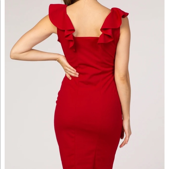 Red Solid Ruffle Neck Dress - Picture 2 of 6
